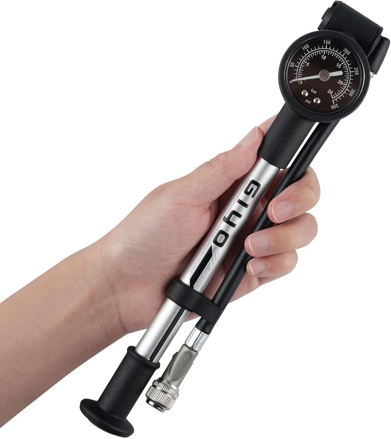 Giyo مضخة صدمات عالية الضغط (350 PSI) – قفل ذراع قوي لمنع فقدان الهواء، برميل ألمنيوم، مقياس قرص 1.5 بوصة، صمام تخفيف دقيق، خرطوم دوار 360°، صنع في تايوان - Image 1